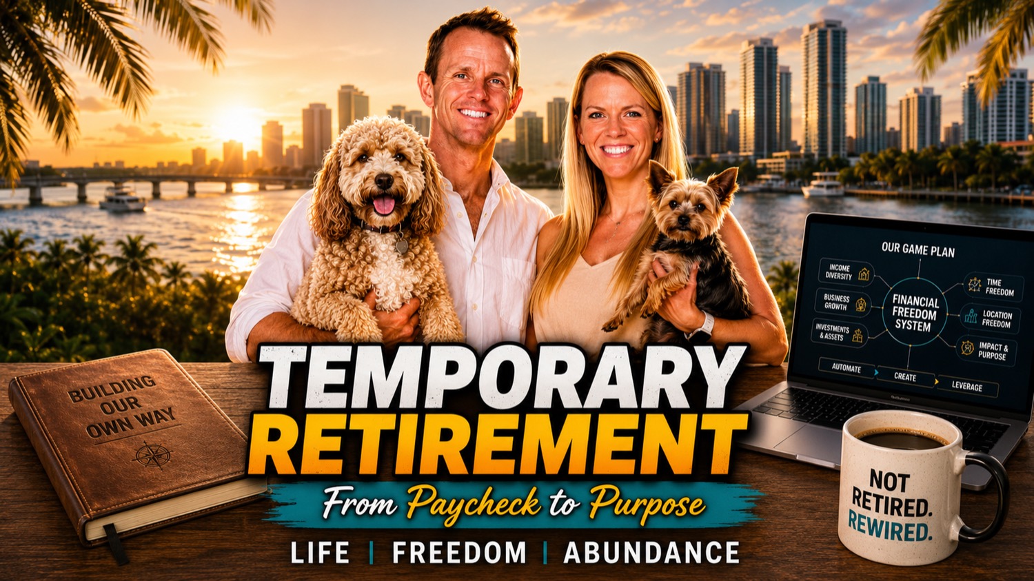 Temporary Retirement — Nick, Lindsey, Teddy and Ozzy on the waterfront at golden hour